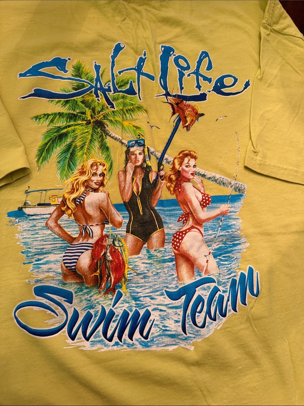 Salt Life Swim Team Pocket T-Shirt Yellow & Blue XL